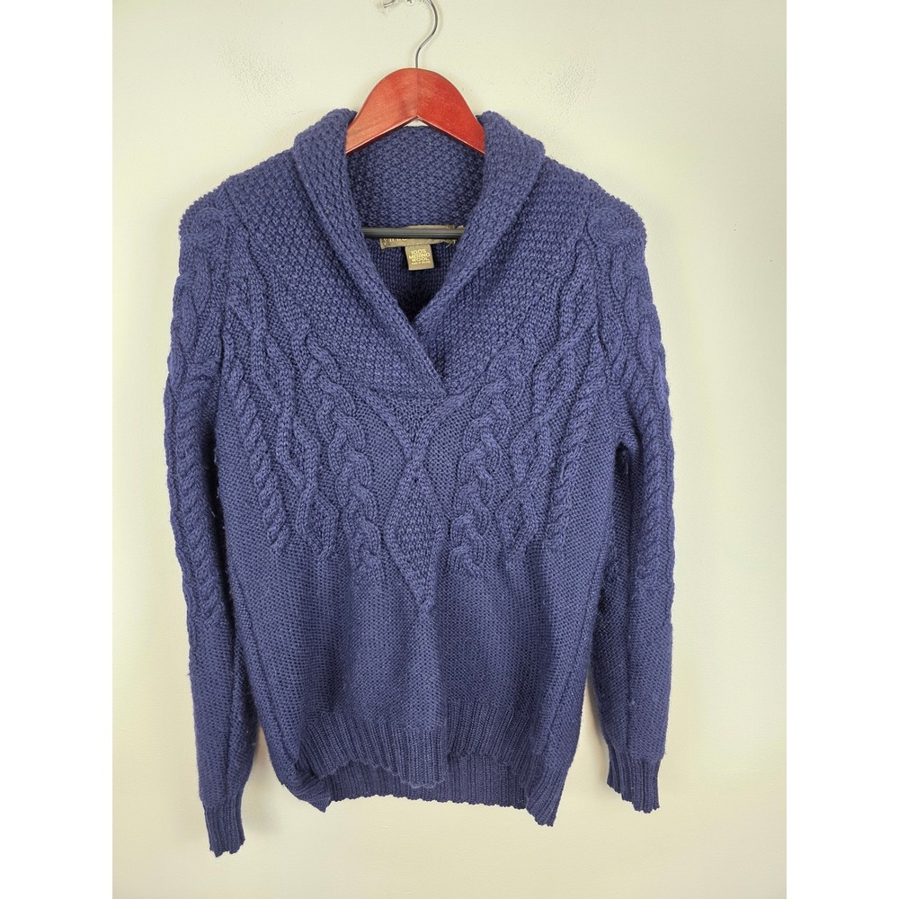 Inis Crafts Navy Blue Cable Knit Merino Wool Shawl Collar Sweater Women's Size S